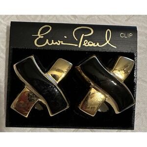 Vintage Erwin Pearl Gold & Black Enamel X Clip On Earrings
